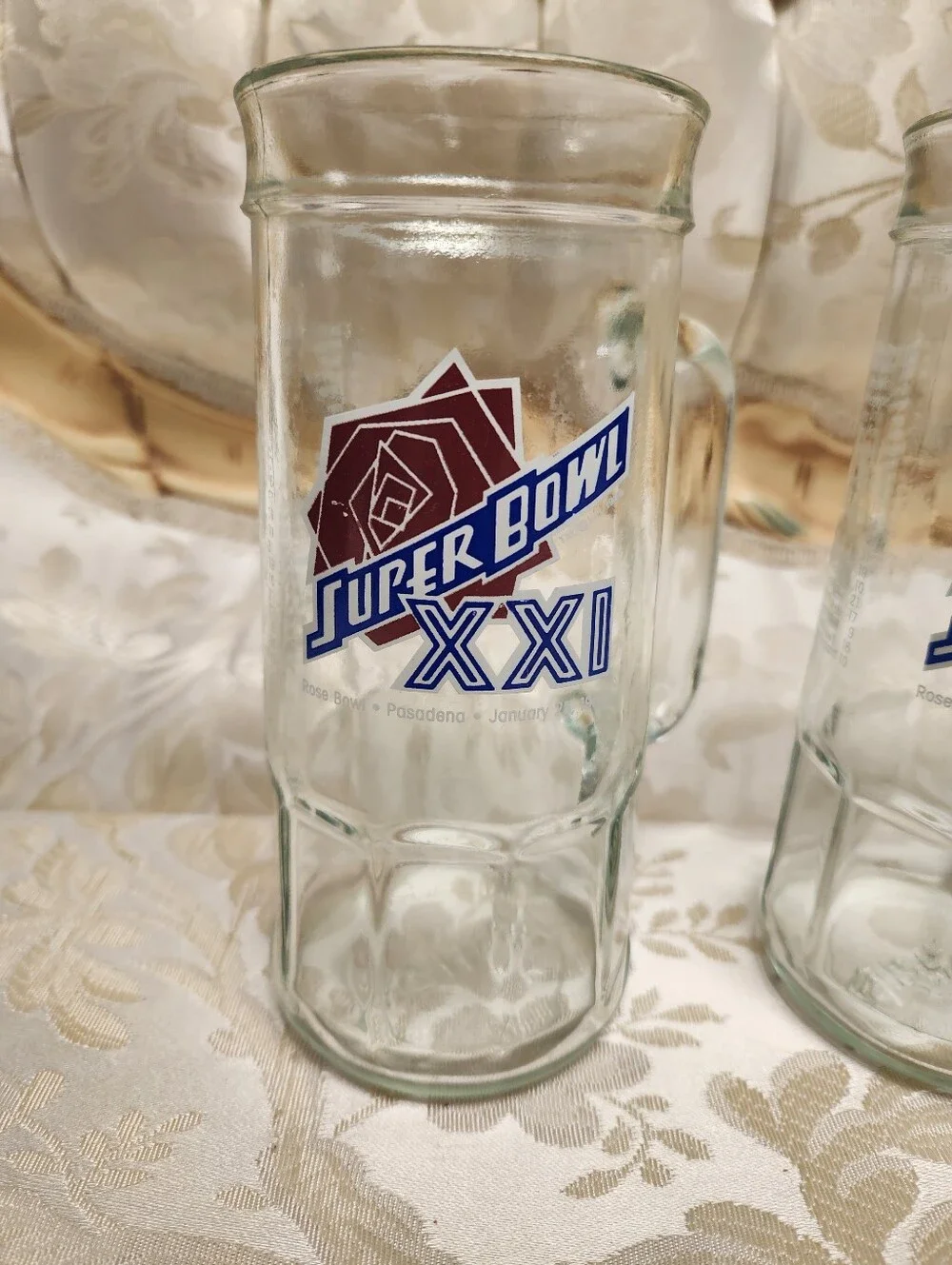 Vintage Super Bowl XXI (21) Glass Mugs, Set Of 2, 1986/7, Pasedena, Fisher, Cup